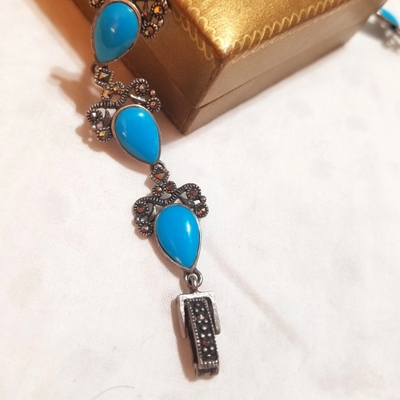 Persian Turquoise Marcasite Antique Sterling Silver Bracelet - Picture 3 of 8